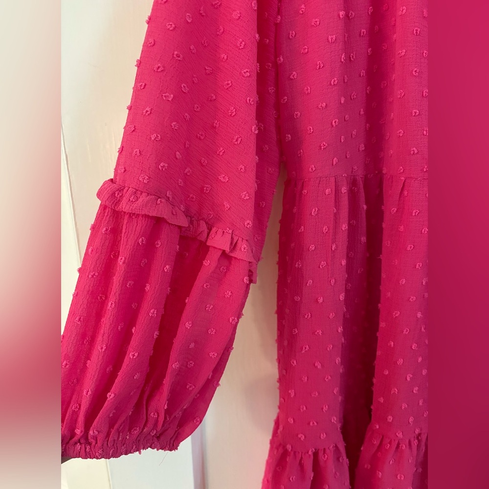 CeCe Hot Pink Clip Dot Babydoll Dress L | Long Sleeve Balloon Sleeve - Picture 4 of 9